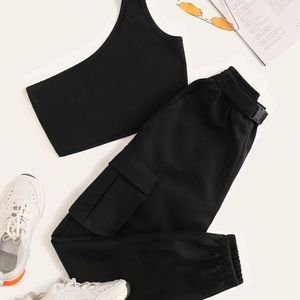 One shoulder crop top & buckle cargo pant